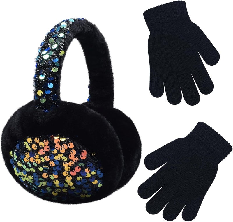 GSFY Ear Muffs Gloves Set for Kids Girls Adjustable Winter Sequin Faux Fur Windproof Warm Ear Warmer Outdoor - Image 1